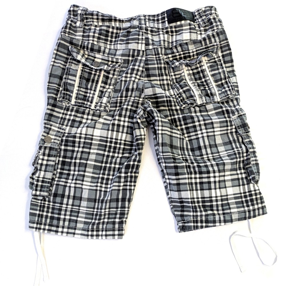 Benjamin Black Mens Plaid Cargo Shorts Black White Grey Check Size 30 Streetwear - Picture 2 of 6